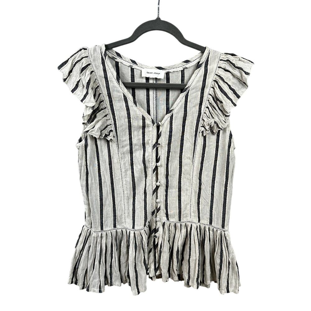 Dear John Blouse Size M Cream Charcoal Stripe Peplum Ruffle Cottagecore Prairie